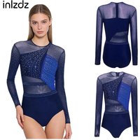 Women Athletic Gymnastics Figure Skating Ballet Dance Costume Rhinestones Long Sleeve Stylish Leotards Performance Dancewear