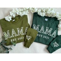 Personalized MAMA EST Year Sweatshirt with Kid Names on Sleeve Minimalist Neckline Sweater Mother Day Gift New Mom Birthday Gift