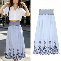 Women's Casual Vacation Long Skirt Summer Blue White Gingham Smocked High Waist Elastic Floral Hem Skirt Daily 2026