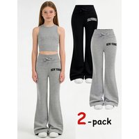 Girls' Casual Pants Set, Letter Print Sports Leggings, Comfortable Flared Pants, 2-Piece Set with Bow Decoration, Black and Gray, Versatile and Fashionable, Suitable for Girls Aged 5-13