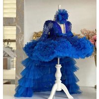 Customized Royal Blue Flower Girl Dress For Wedding Layered Feather Tulle Sequins Kids With Bow Birthday First Communion Gown