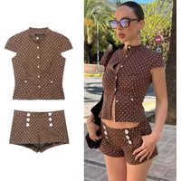 Women Summer Polka Dot Shorts Set Women Versatile Brown Single-Breasted Top+High Street Mid-Waist Casual Shorts Lady Suit