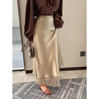 Women Satin Midi Skirt with Lace Trim High Waist Slip Elegant Silky Long Skirt Casual Daily, Dating, Office Outfits