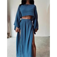 Casual Holiday Style Simple Solid Color Skirt Set Linen Blended Short Top High Waist Chic Split Cotton Linen Two-piece Set