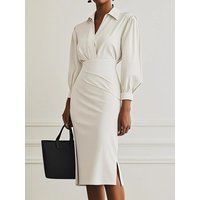 Women V Neck Long Sleeve Puff Sleeve Ruched Waist Bodycon Midi Dress Elegant Office Lady Business Work Sheath Gown