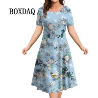 Plant Flowers Print Women's Dresses 2023 Summer Short Sleeve Clothing Casual Female Dress Retro Ladies Loose Plus Size Dresses