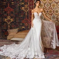 Detachable Mermaid 2 In 1 Wedding Dress Off the Shoulder Appliques Sleeveless Floor Length Bridal Gowns Backless Robe De Mariee
