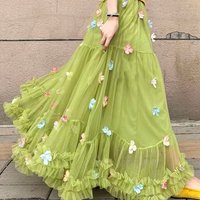Big pendulum green design flower fluffy cake group women's summer new high waist sweet mesh skirt