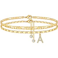 Women Initial CZ Letter Ankle Bracelets 14K Gold Plated Layered Waterproof Anklets Figaro Chain Anklet Set Summer Beach Jewelry