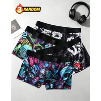 3pcs Random Men's Boxer Briefs Graffiti Polyester Underpants Comfortable Breathable Sports Panties Casual Men's Boxer Shorts