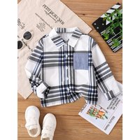 Spring and autumn boys' plaid printed lapel single-breasted pocket long-sleeved casual shirt