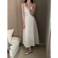 Summer New Style White Vest Dress Women's High Waist A-Line Skirt Square Collar Mid-Length Dress Commute Season Spring