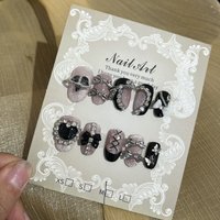 Sweet Cool Handmade Short Ruond Wearable Press On Nails Metal Bowknot Butterfly Diamond Pearl Chain Sparkle Powder Fake Nails