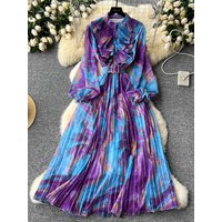 Women Spring Autumn Dress Retro Temperament O-neck Ruffled Bubble Long-sleeved Waist Slimming A-line Pleated Dress A226