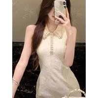 Summer New Style Pearl Embellished Collar Heavy Work Short Skirt Sleeveless Waist Cinched Vest Dress for Women