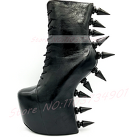Große schwarze Stiefel ohne Absatz mit Spikes für Damen, versteckte Plateau-Sohle, runde Zehenkappe, seitlicher Reißverschluss, Gothic-Punk-Stiefeletten mit Nieten, High Heels Schuhe