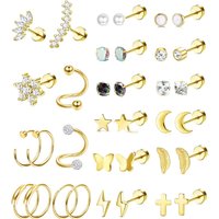 FASACCO Stud Hoops Earrings Set Surgical Steel for Women Men CZ Opal Flat Back Helix Tragus Daith Cartilage Piercing Jewelry 20G