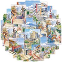 Etori Life Healing Watercolor Scenery Stickers Japanese Street Scene Cherry Blossom Stickers for Journaling and Collage Suitable for Laptops, Phone Backs, Suitcases, Guitars, Diaries, Bicycles,