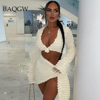 Solid Stacked Summer Two Piece Set Beach Long Sleeve Crop Top Shirts and Bandage Skirts Sexy Women 2pc Sets Party Outfits Club