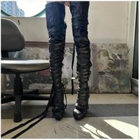 Black Leather Square-Toe Thigh-High Boots Crisscross Wrap Straps Chunky Block Heel Buckle Accent Dark Glam-Punk Style Lady Boots