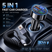 5 Ports Car Charger Fast Charging PD QC3.0 USB C Car Phone Charger + Spring Cable Coil Data Wire Type C Adapter in Car