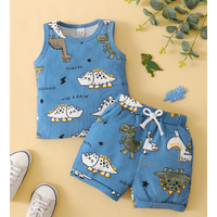 0-3 Years Toddler Baby Boy 2PCS Clothes Set Cartoon Dinosaur Blue Sleeveless Shirt+ Shorts Cute Style Soft Summer Daily Wear