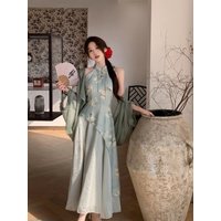 Elegant Chinese Style Summer Long Qipao Dress Shoulder Bared Waist Cinched Neck Hanging Girl's Ancient Fashioned Dress