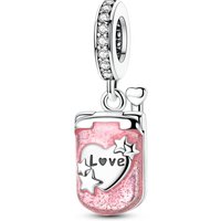 925 Sterling Silver Flip Phone Charms Pink Glitter Enamel CZ Love Heart Dangle Beads Fit Bracelets Necklace Women DIY Jewelry
