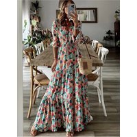 Summer Autumn New Women's Clothing Temperament Sexy V-neck Printed Three Quarter Sleeve Lantern Sleeve Large Hem Long Dress