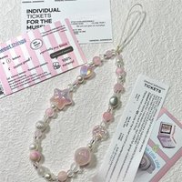 1pcs Korean Cute 3D Pink Star Heart Beaded Phone Xyun Charm Lanyard For iPhone Samsung Universal Anti-Loss Hanging Rope Jewelry
