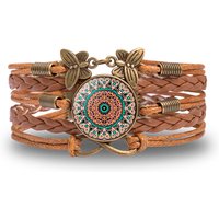Vintage Mandala Flower Glass Dome Wrap Bracelet Brown Multilayer Woven Leather Bracelets For Women