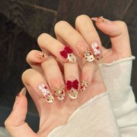 New Year Theme Handmade Press On Nails French Cat Eye Fake Nails With Velvet Bowknot Decor Light Luxury Sparkling False Nail Tip
