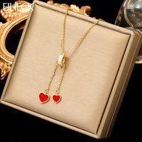 EILIECK 316L Stainless Steel Red Double Heart Pendant Pendant Necklace For Women Fashion New Gift Neck Chain Waterproof Jewelry