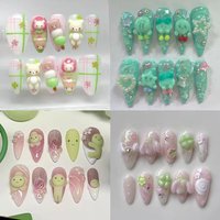 Cute Rilakkuma Ancient Little Animals Long Stiletto Handmade Fake Nails Star Hand-Drawn French Music Note Wings Press On Nails