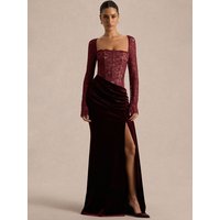 Mozision Lace Velvet Square-Neck Sexy Maxi Dress Women Elegant See Through Long Sleeve Backless Split Club Party Long Dresses