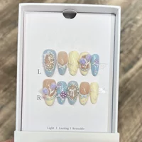 10Pcs Sweet Lovely Press on Nails Medium Almond False Nails Bowknot Pearl Nails Full Cover Glitter French Nail Cat Eye Fake Nail