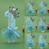 Blue Crown Glitter Birthday Number Candle 0-9 Princess Cake Candle for Birthday Cinderella Theme Party Decoration Supplies