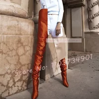 Extreme Long Waist High Stiletto Boots Women Runway Pink Satin Pointed Toe High Heels Lady Fashion Events Over-The-Knee Boots