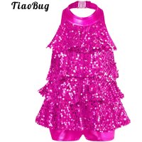Kids Girls Halter Shiny Sequins Modern Jazz Latin Ballet Dance Costume Shorty Unitard Dress Stage Performance Dancewear