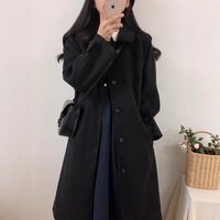 Black Woolen Coat Women's Small Size Winter Thickened Korean Style Hepburn Wind Woolen Coat Loose Fit Long Sleeve Polyester F...