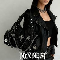 Black NYX Punk Style Chain Tote Bag Women's Motorcycle Crossbody Bag Unique Design Versatile Underarm Diagonal Tot Bag