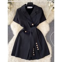Retro Black Blazer Dress Women Lapel Short Sleeved Short Dresses Summer Casual Short Sleeve Slim Bandage Dress Vestidos
