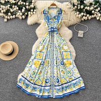 Summer Holiday Beach Maxi Dress Women's Notched Collar Single Breasted Sleeveless Floral Print Belt Long Boho Party Vestidos