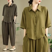 Linen Set Women Summer New Faion Loose Casual plus Size Two Piece Set Open Cardigan Nine Points Pants Pure Color