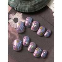 10Pcs Press on Nails Blue Purple Gradient Cat's Eye False Nails Fake Nails Includes 1 Sheet of Adhesive Tabs & 1 Pc Mini File