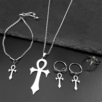 Stainless Steel Jewelry Set Cross Ankh Key of Life Egyptian Necklace Bracelet Ring Earring Egypt Hieroglyphs Crux Ansata Gifts