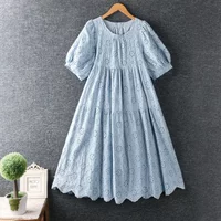Summer New Japanese Sweet Mori Girl Sunflower Embroidery Hollow Out Dress Women O-Neck Short Sleeve Casual Loose Cotton Dress