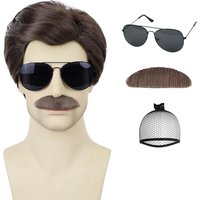 Synthetic Hair Short Brown Mens Wig With Mustache and Glasses 70s 80s Halloween Costume Cosplay Party Funny Wig (4pcs Set)