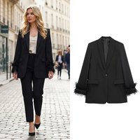 Willshela Frauen Mode Satin Schwarz Mit Feder Blazer Jacke Vintage Kerb Neck Single Button Lange Ärmel Weibliche Outfits