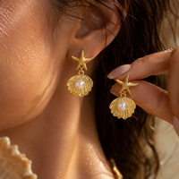 Boho Gold Color Starfish Shell Statement Earrings for Women Imitation Pearl Minimalist Summer Beach Vacation Fashion Jewelry